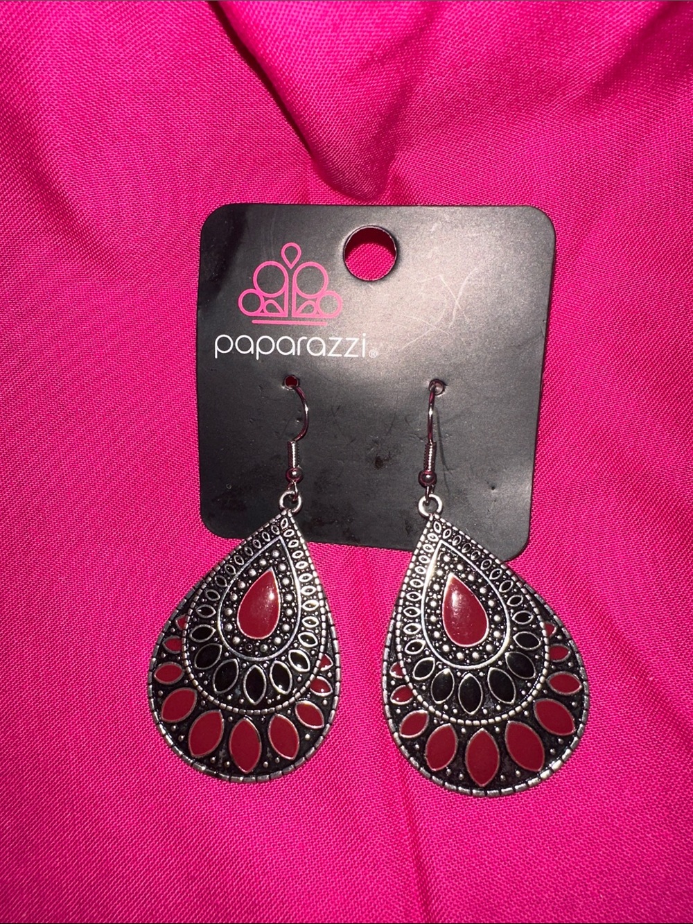 paparazzi Silver-Tone Red Teardrop Filigree Dangle Earrings